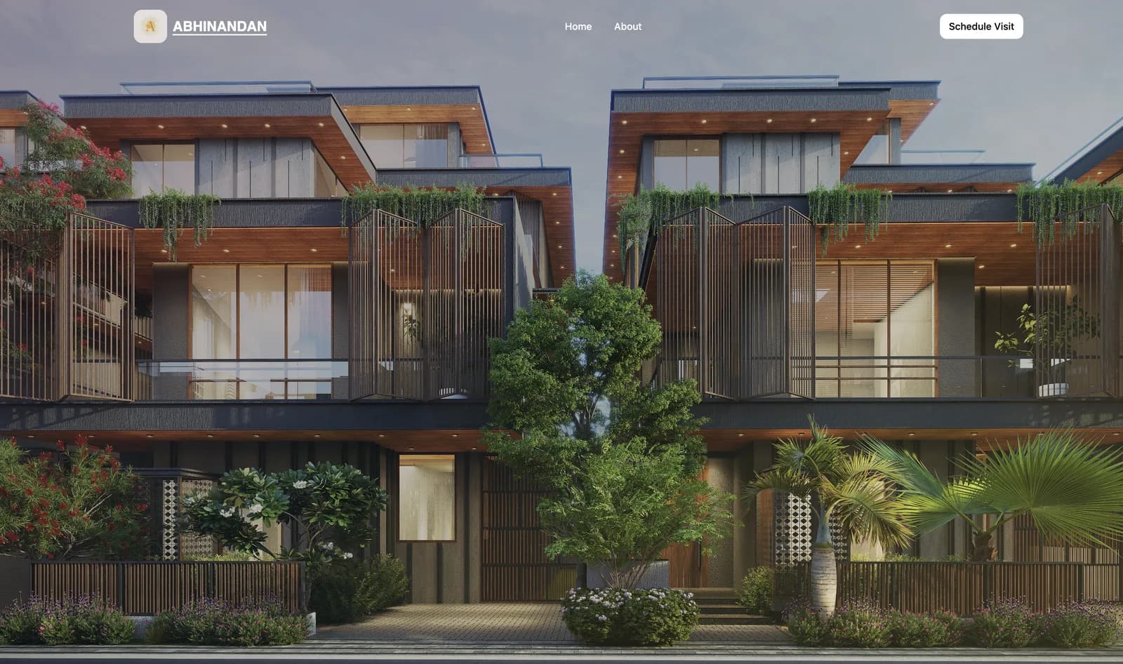 Abhinandan Mountreea homepage: a full-width rendering of modern villas with timber facades and a Schedule Visit button.