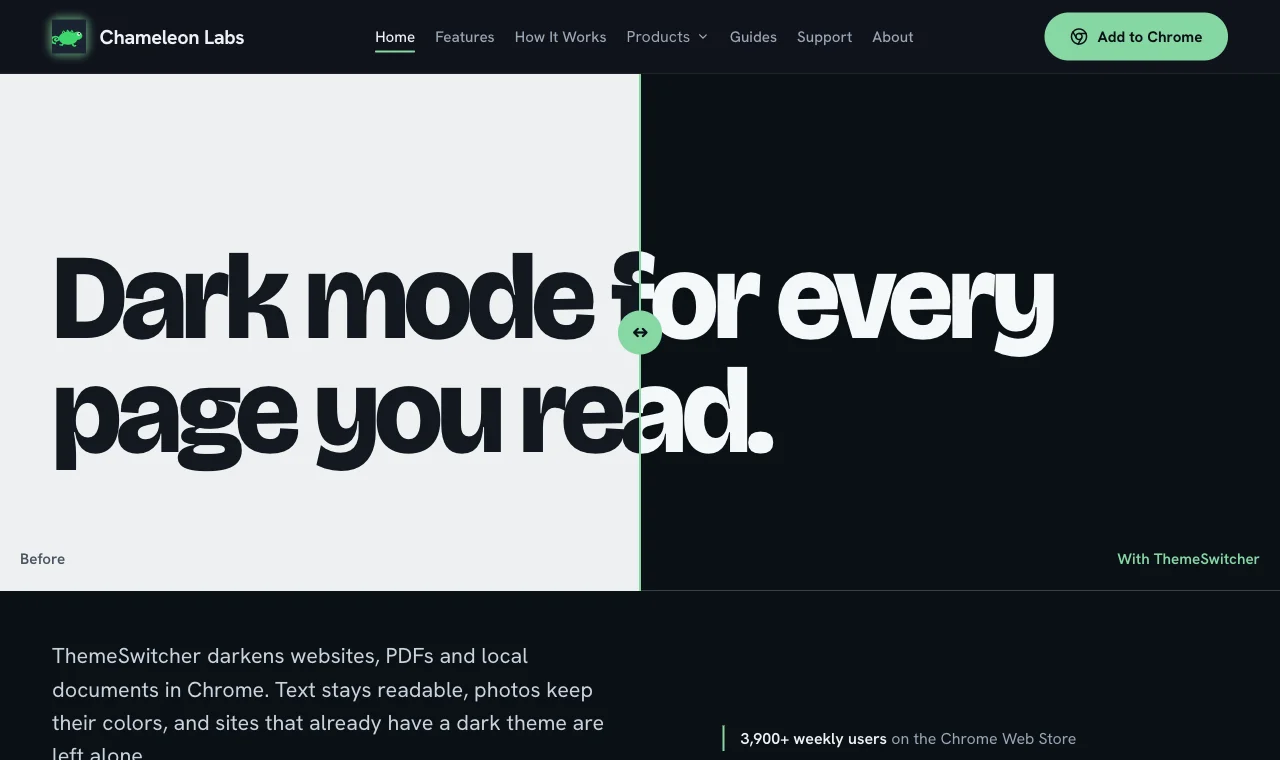 The Force Dark Mode homepage with a light-to-dark split across the headline 'Dark mode for every page you read'.