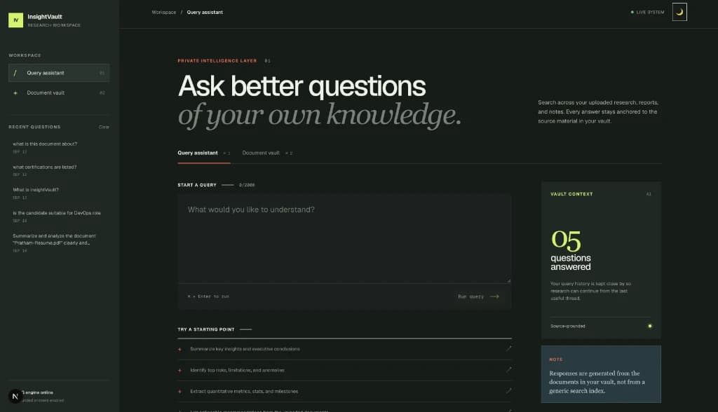 InsightVault query screen: a question box, recent questions in the sidebar and a panel counting answered questions.