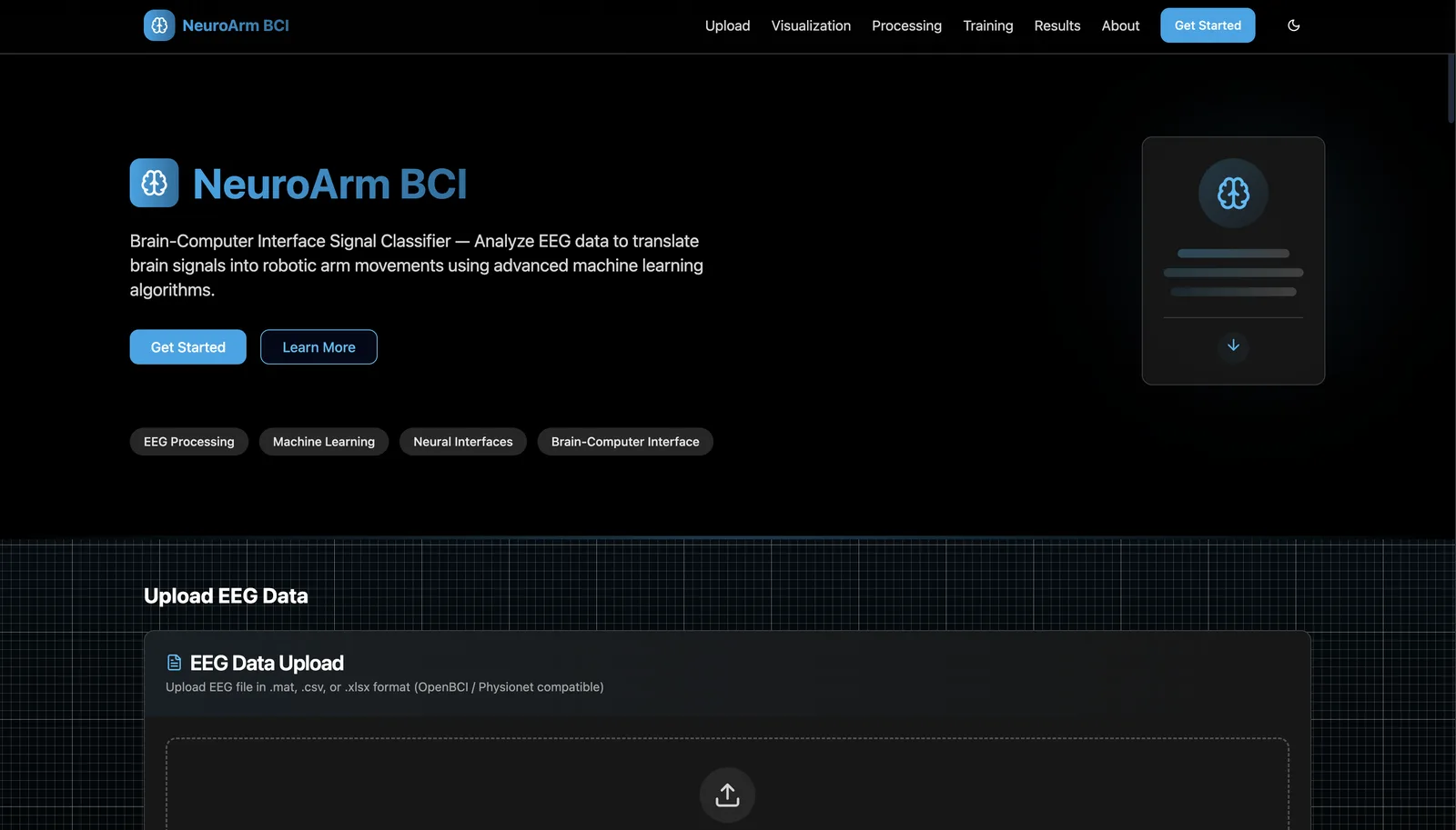 NeuroArm Signal Flow - Interactive visualization of an EEG signal pipeline for prosthetic arm control.